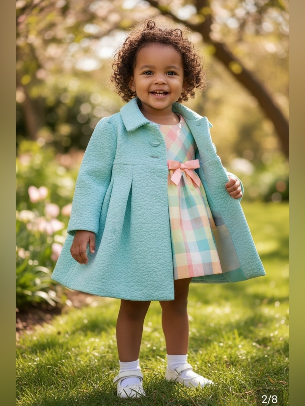 Bonnie Baby Aqua Textured Cape Jacket with Pastel Plaid Dress Accent